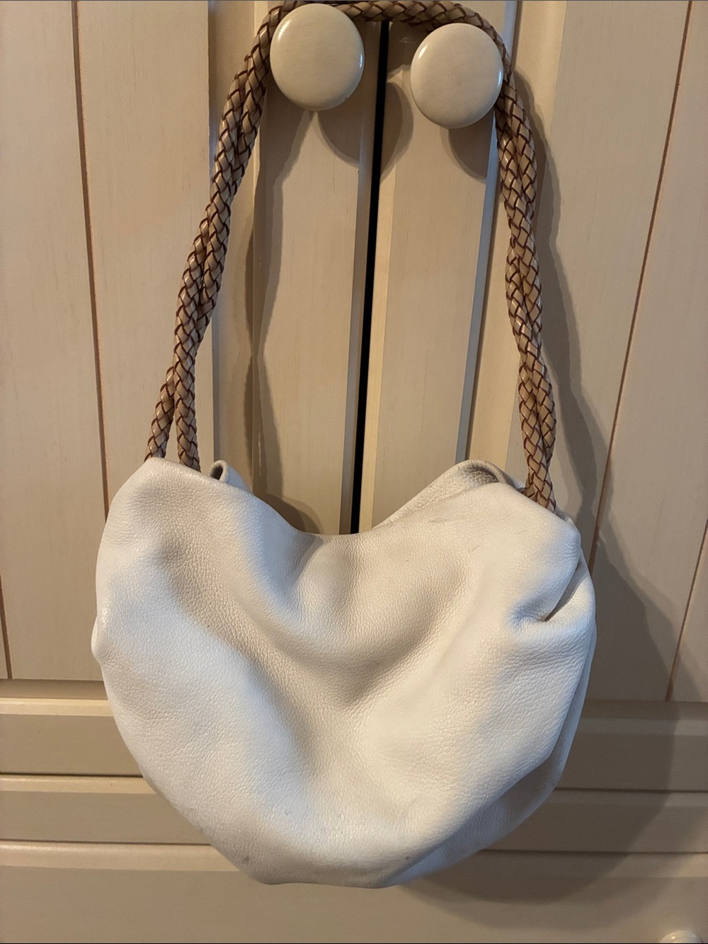 Cream Leather Shoulder Bag with Braided Tan Straps